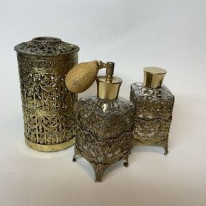 VTG‎ Ormolu Gold Filigree 2 Perfume Bottles Atomizer & Brush Stand Vanity Set